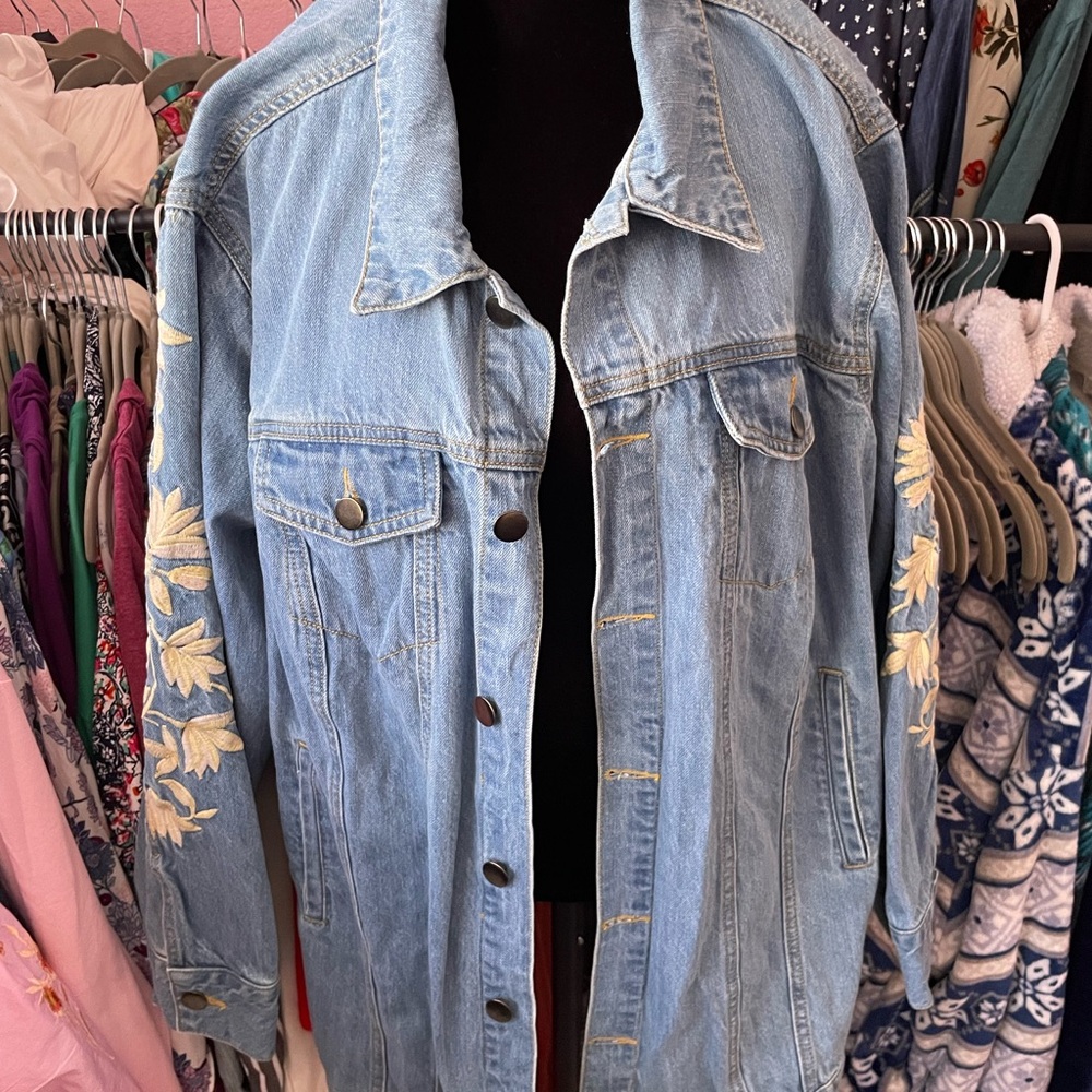 eShakti Light Blue Jean Jacket with Floral Embroidery